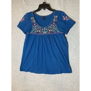 JW Style Shirt Womens Small Blue Embroidered Floral Empire Waist